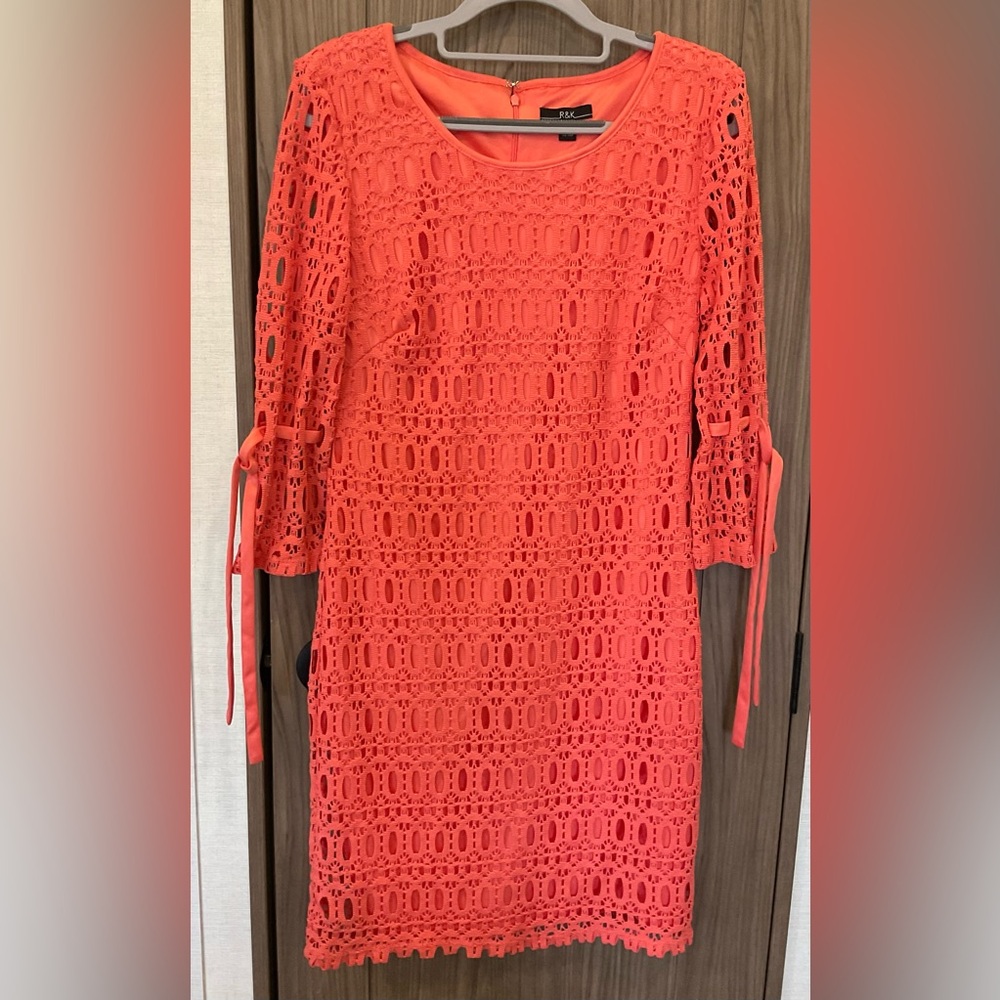 R & K Womens Round Neck Long Sleeve Lace Peach Zip Back Dress Size 8